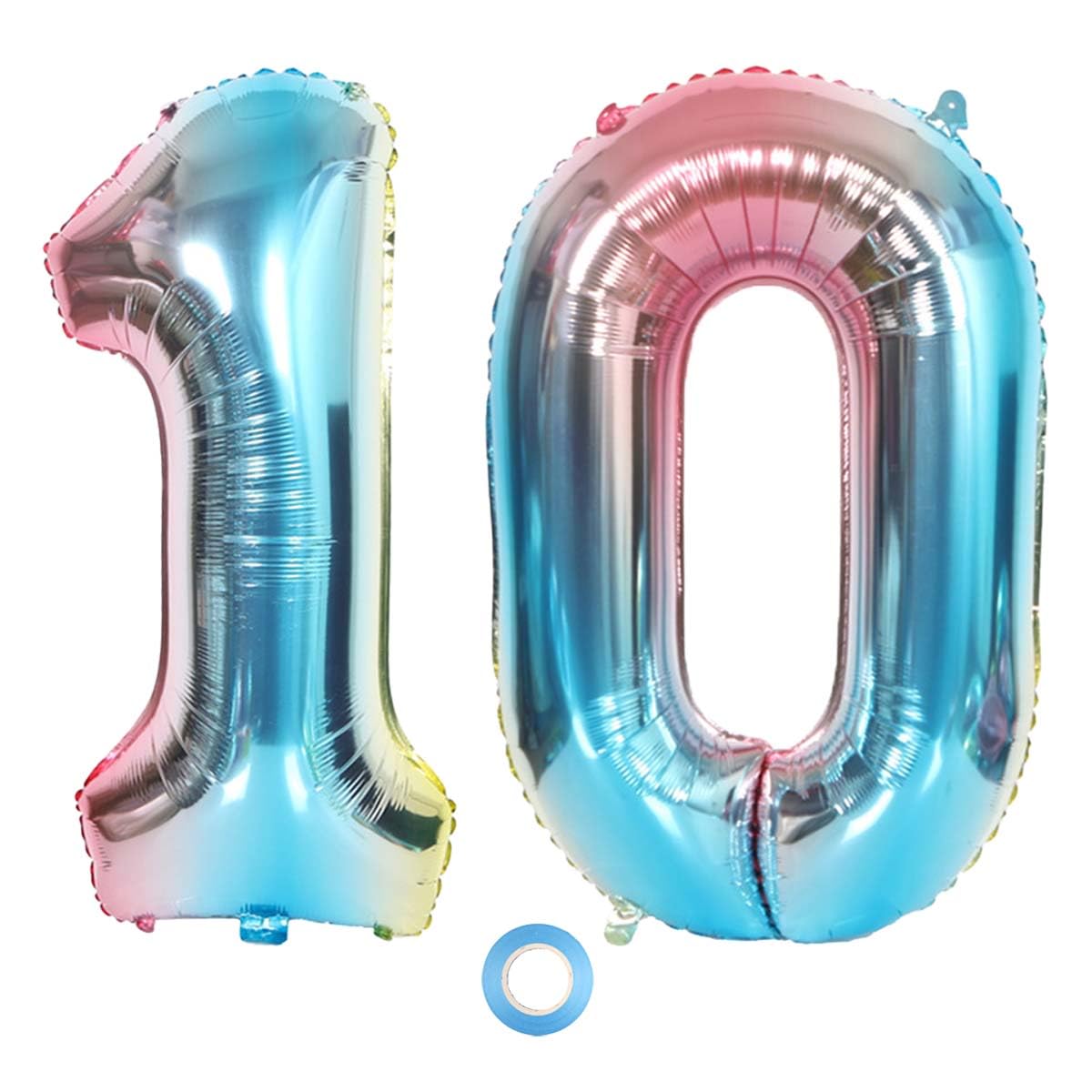 SNOWZAN XL Number Balloon Number 10th Balloon Rainbow Girl Boy Balloons Number 10th Birthday Decoration Blue Rose Colourful Iridescent 10 Years Foil Balloon 32 Inch Giant Helium Happy Birthday Party