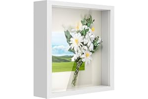 Anhow 6x6 Shadow Box Frame, 3D Picture Frame Display Cas with Real Transparent Glass for Photos, Memorabilia, Crafts, Souvenir, Wedding Memories, Baby Items - White/ 1.2 Inch Depth