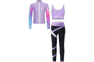 Freebily Kid 3 Pieces Girl Sports Dance Outfit Crop Tank Top with Athletic Leggings and Long Sleeve Jacket Set Tracksuit