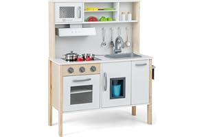 HONEY JOY Kids Kitchen Playset, Wooden Play Kitchen for Toddlers, Microwave, Range Hood, Ice Maker, 18 Cooking Accessories, L