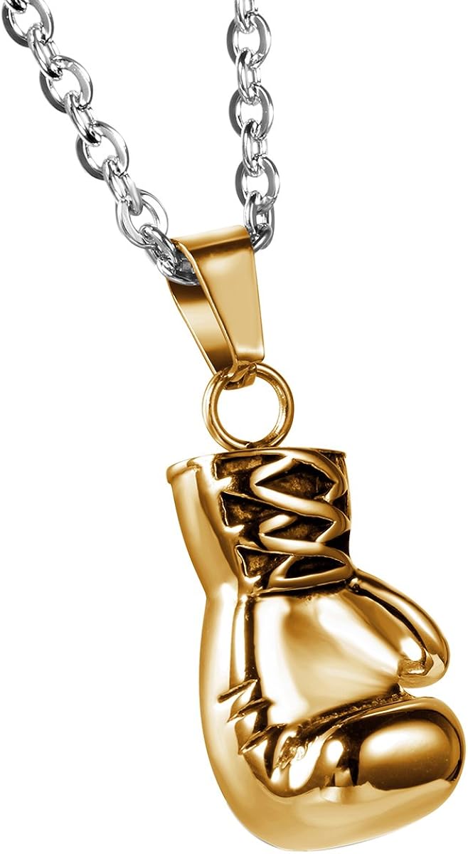 JewelryWe Birthday Valentine Gift Stainless Steel Mens Boxing Glove Pendant Necklace with 22 inch Chain, Gold (with Gift Bag)