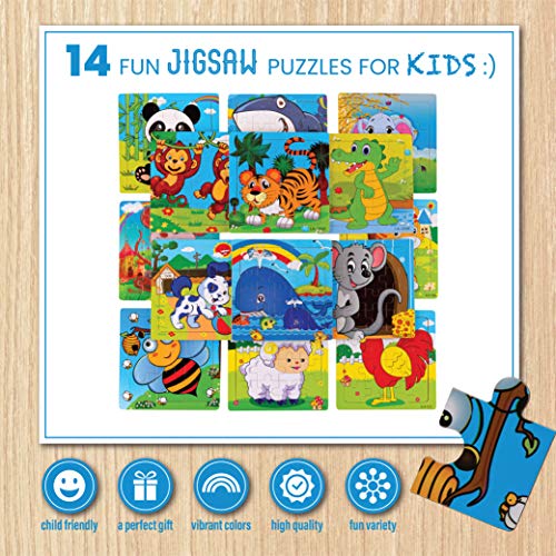 Toy To Enjoy Wooden Chunky Animal Jigsaw Puzzle (Pack of 14) for Kids Age 3 to 5 - Peg Puzzle Toy for Toddlers - Bright & Vibrant Colors & Shapes