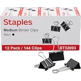 Staples Medium Binder Clips, 0.63 Inch Capacity, Black, 144 Clips/Pack | Secure paper organization for office, school, and home filing needs. Bulk pack of 144.