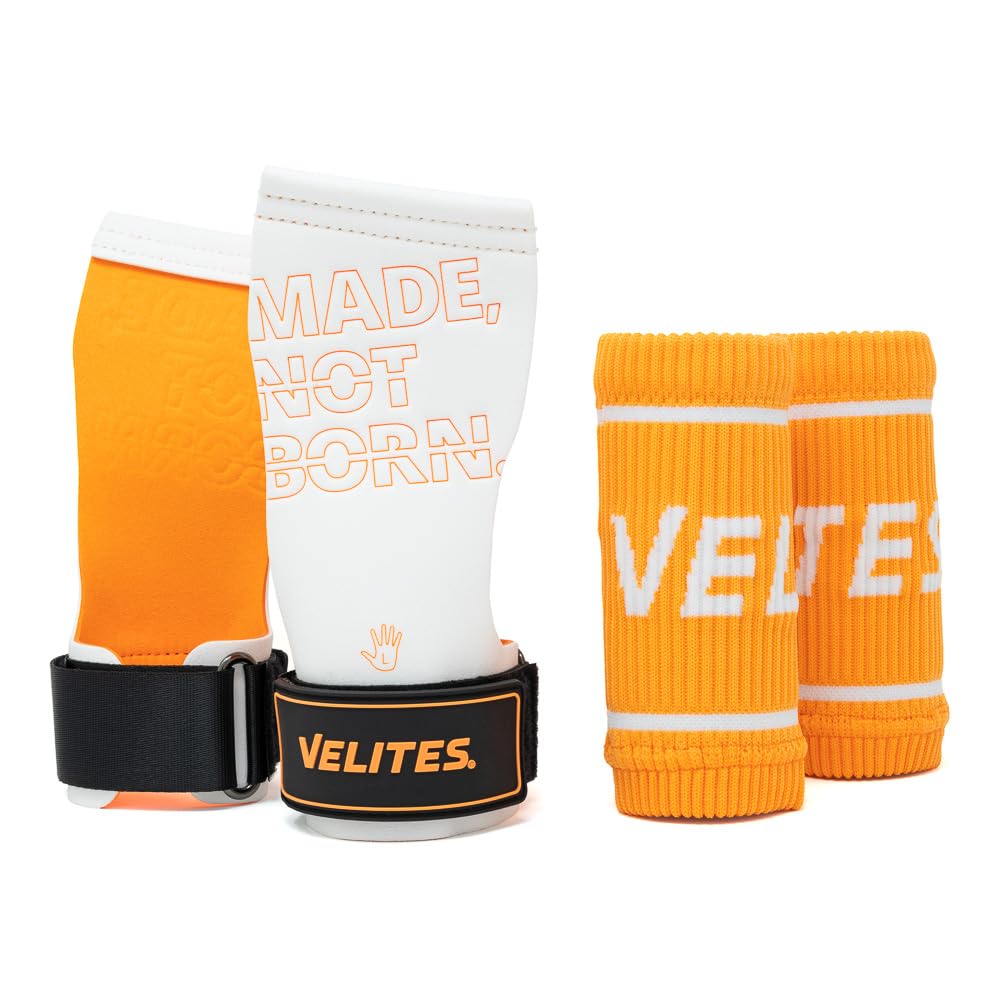 Velites I Pair Professional Cross Training Gym Gloves Orange + Fabric Wrist Guards Suitable for All Surfaces Use with Magnesium