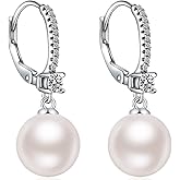 Jiamiaoi Large Pearl Earrings 925 Sterling Silver Pearl Earrings with Cubic Zirconia in White/Gray Colors, Come with Gift Box