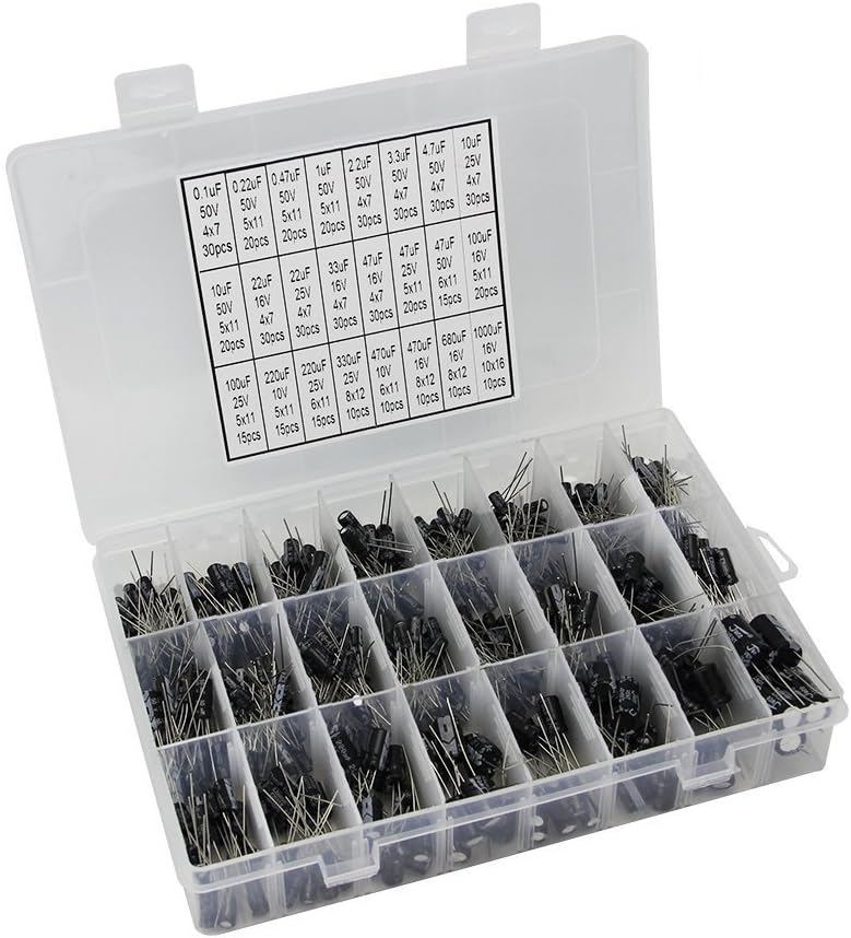 JTDEAL 24 Values Electrolytic Capacitor Assortment with 500PCS 0.1uF to 1000uF Wide Range Black Aluminum Capacitor Assortment Box Kit