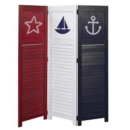 Homestyle4u 1824, Paravent Raumteiler 3 teilig, Motiv Maritim, Weiß Blau Rot