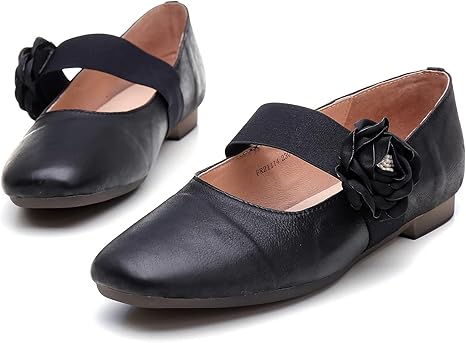 Amazon Co Jp 女性のシングルシューズ レザーの弾性バンド 手作りのレトロな革の靴 平らな日本の大きなサイズの大きな滑り止め春と夏 黒 36 ホーム キッチン