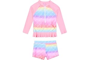 QPANCY Girls Rash Guard Swimsuit UPF 50+ 2 Piece Long Sleeve 1/4 Zip Quick Dry Chlorine Resistant Swimwear Pool Beach Shorts