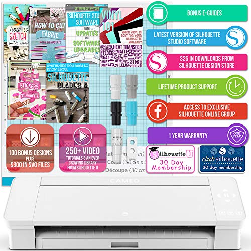 Silhouette White Cameo 4 Starter Bundle with 38 Oracal Vinyl Sheets, T-Shirt Vinyl, Transfer Paper, Class, Guides and 24 Sketch Pens