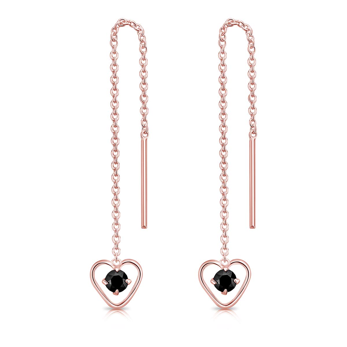 DTPsilver® 925 Sterling Silver Rose Gold Plated Pull Through Drop Chain Earrings & Dangling Heart with SMALL Round 3 mm Crystals from Swarovski® Elements - Length 68 mm - Colour : Black