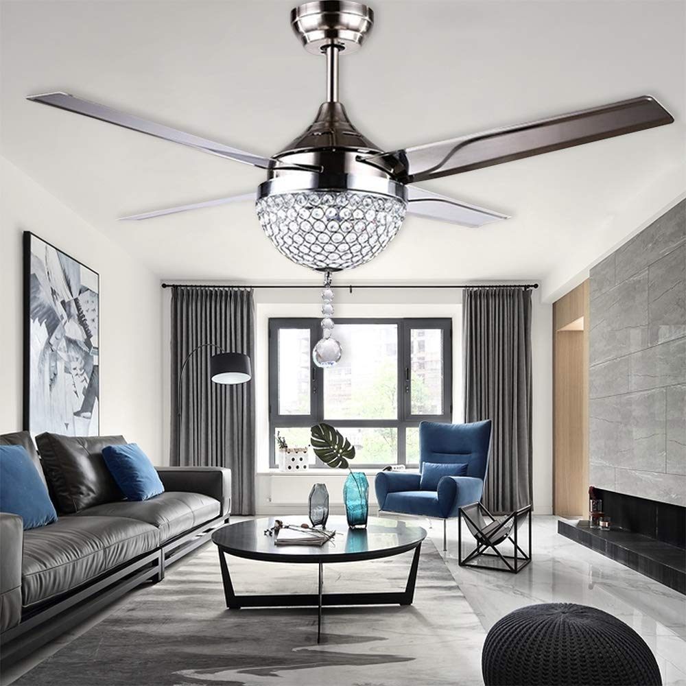 tropical fan  Modern Crystal Ceiling Fan Lamp LED 3 Changing Light 4 Stainless Steel Blades with Remote Control for Living Room/Bedroom 44-Inch