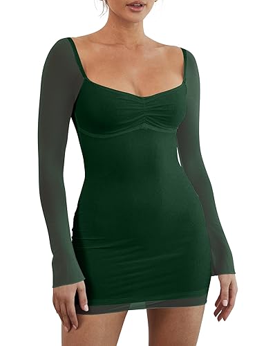 Mokoru Women's Sexy Bodycon Mesh Long Sleeve Square Neck Mini Party Short  Dress,Small, Dark Green in Oman Whizz Club