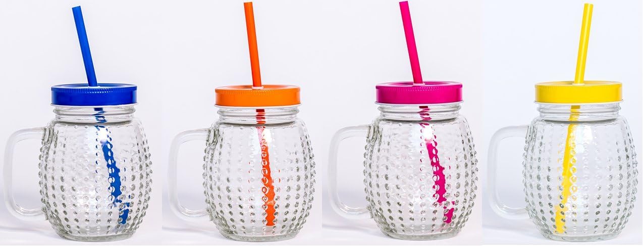 Maison Plus Set of 4 Textured Mason Glass Jars with Lid and Straw (4 Set with Labels)