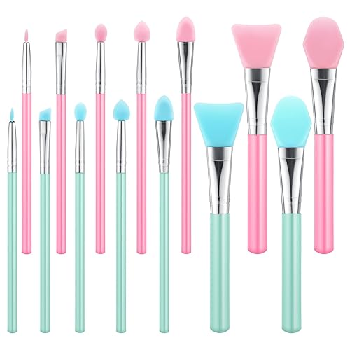 14pcs Silicone Face Mask Brush, Silicone Brush Applicator Kit, Jelly Brushes, Various Sizes, for Facial Mask, Body Lotion and Body Butter(Mint Green+Pink)