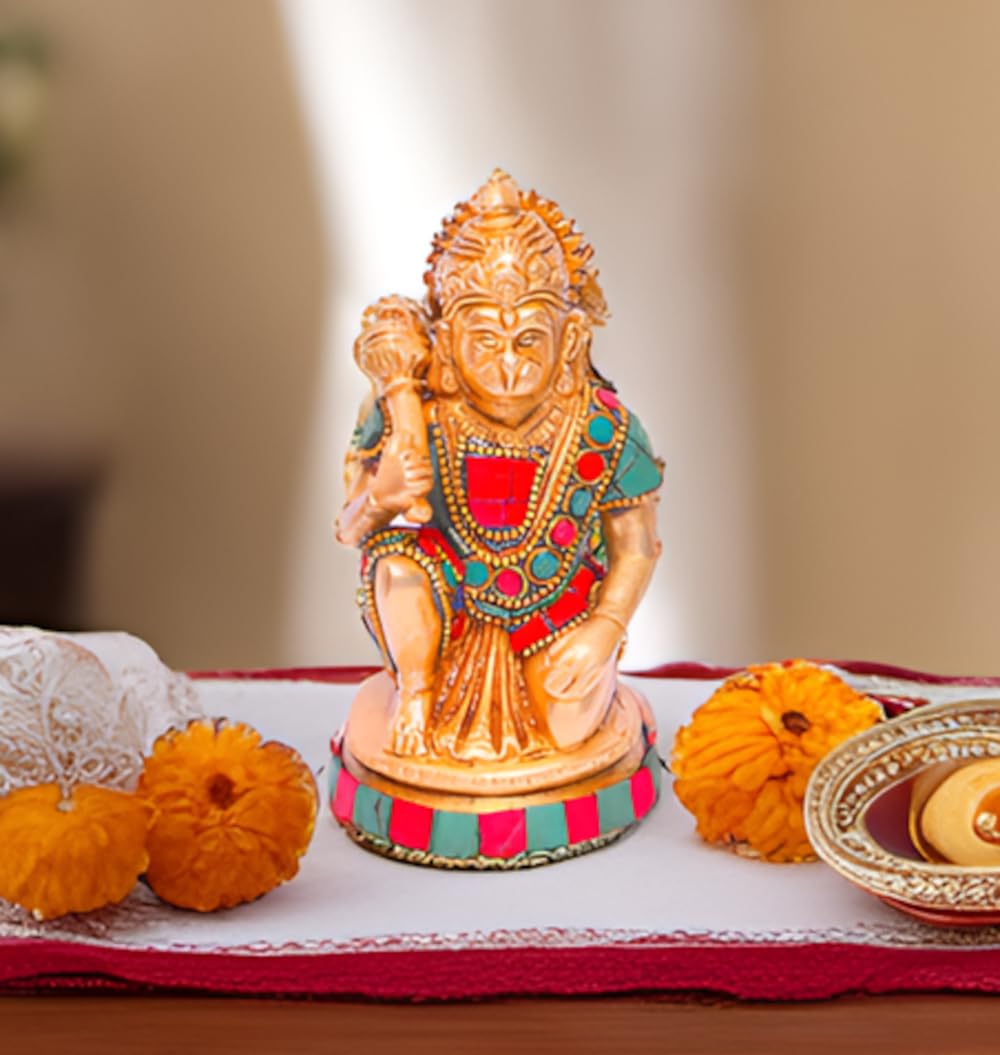 Purpledip Lord Hanuman/Bajrangbali (Hindu Religious God) Idol in Pure Brass with magnificient stonework for Table Top, Home Temple (10644)