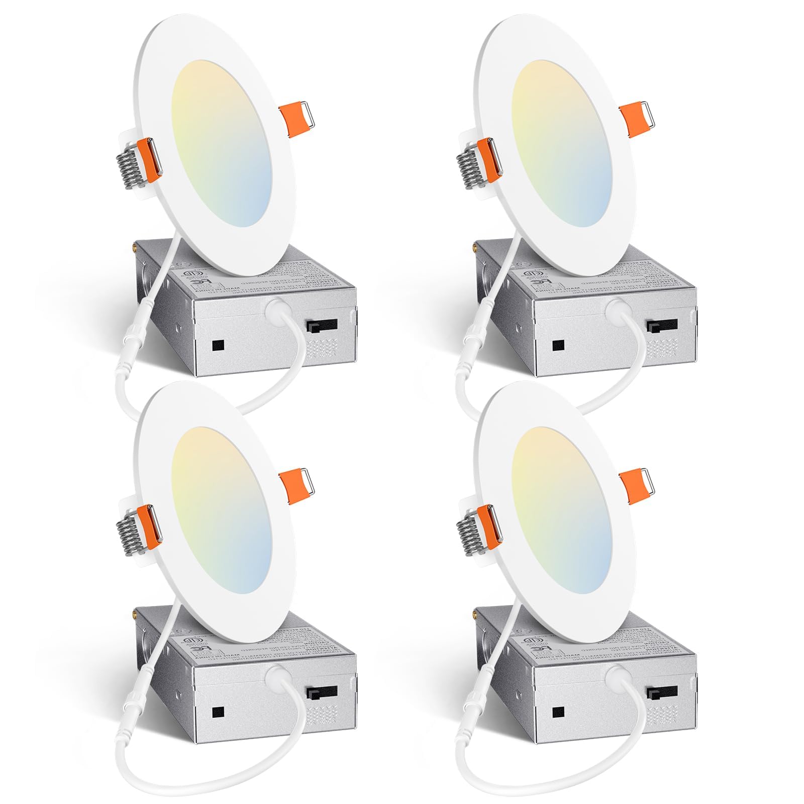 Photo 1 of Amico 4 Pack 4 Inch 5CCT Ultra-Thin LED Recessed Ceiling Light with Junction Box, 2700K/3000K/3500K/4000K/5000K Selectable, 10W Eqv 60W 800LM Brightness Dimmable Canless Wafer Downlight, ETL & FCC
