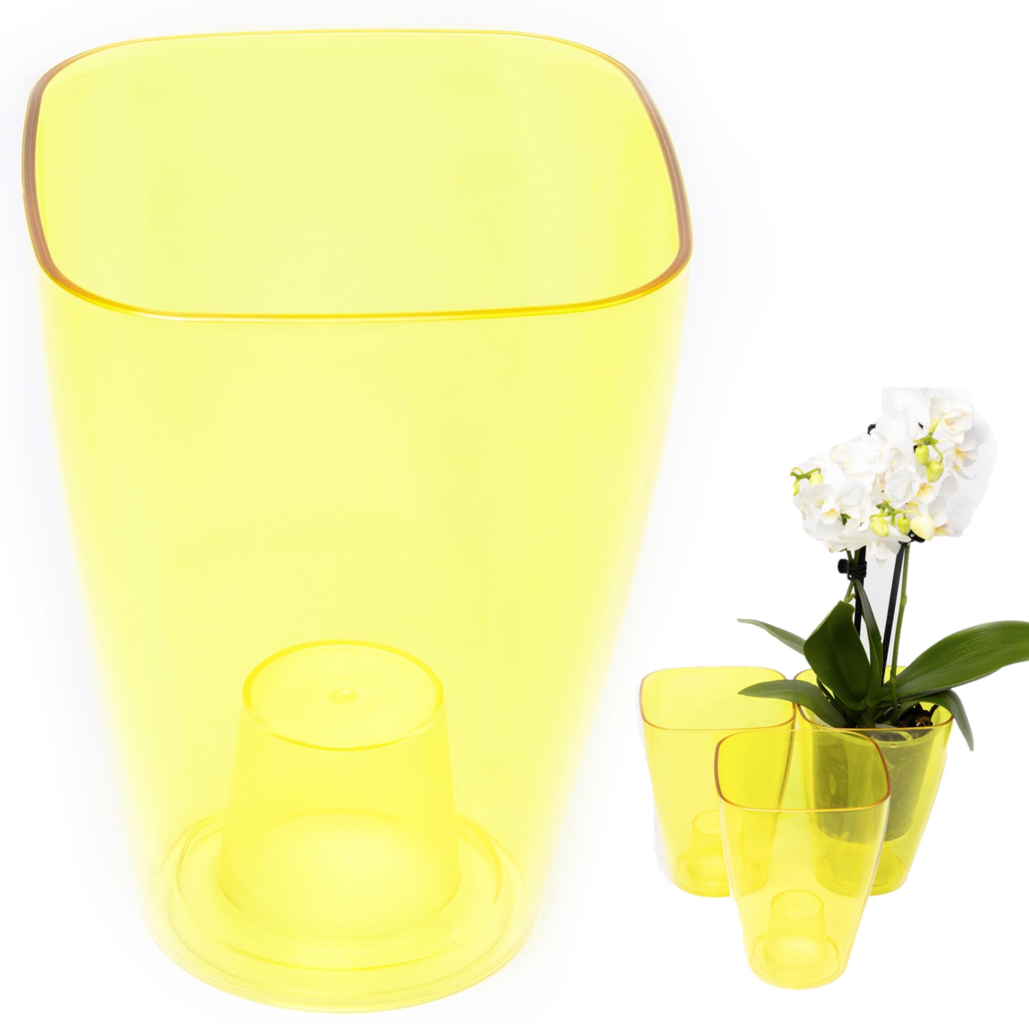 Home Garden Ornaments small orchid pots 9.5cm / 3.7 inch – Set of 3 Decorative Plastic Plant Pots Indoor, Clear Flower Pots with Inner Cone (Yellow)