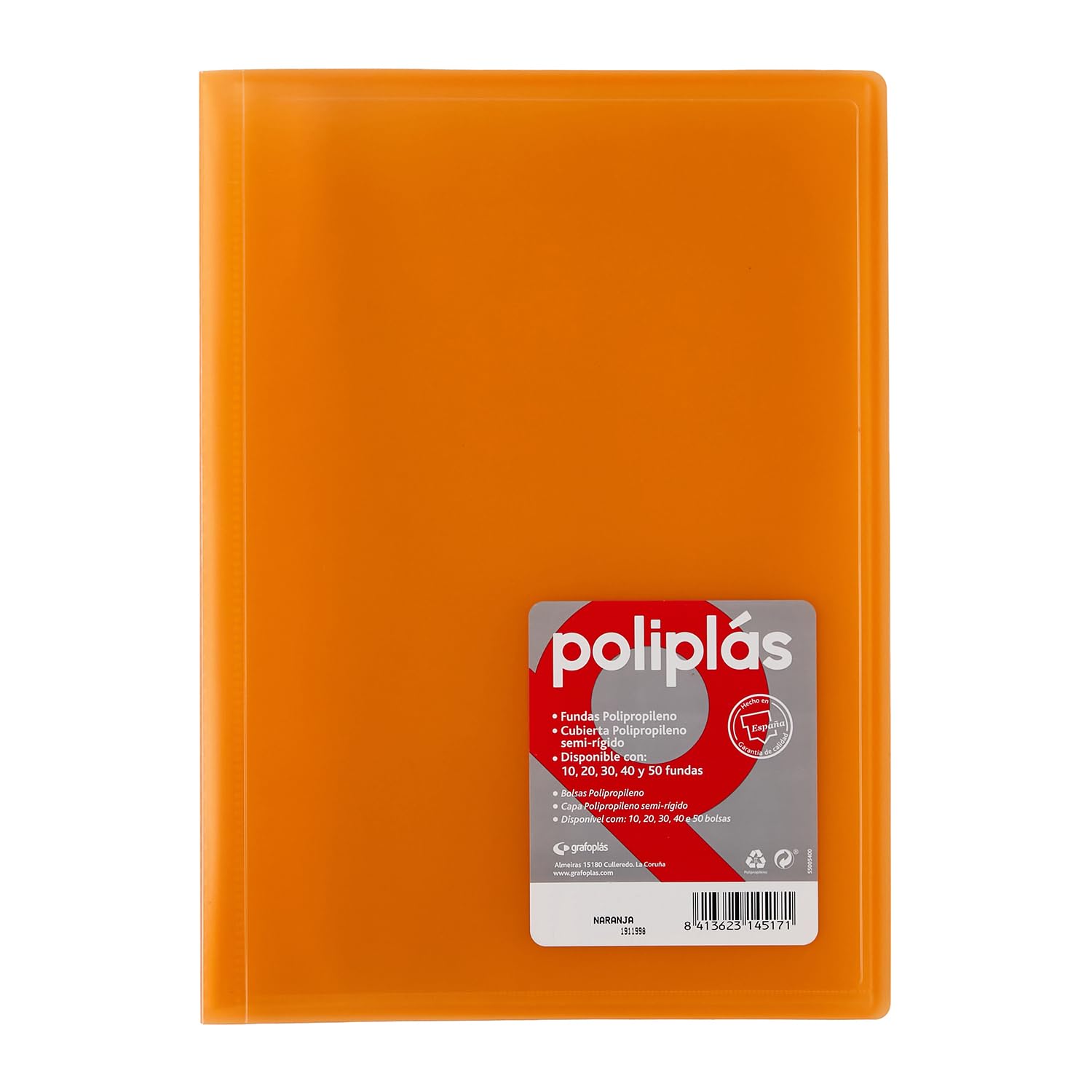 Grafoplas - Folder, Folio Size, PP, Translucent Polyplast, PP Caps 50 Orange