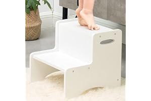 WOOD CITY Toddler Step Stool, Wooden 2 Step Stools for Bathroom Sink Potty Training Kitchen Dual Height Stool Helper for Kids Bonus Non-Slip Pads and Handles for Safety (White)