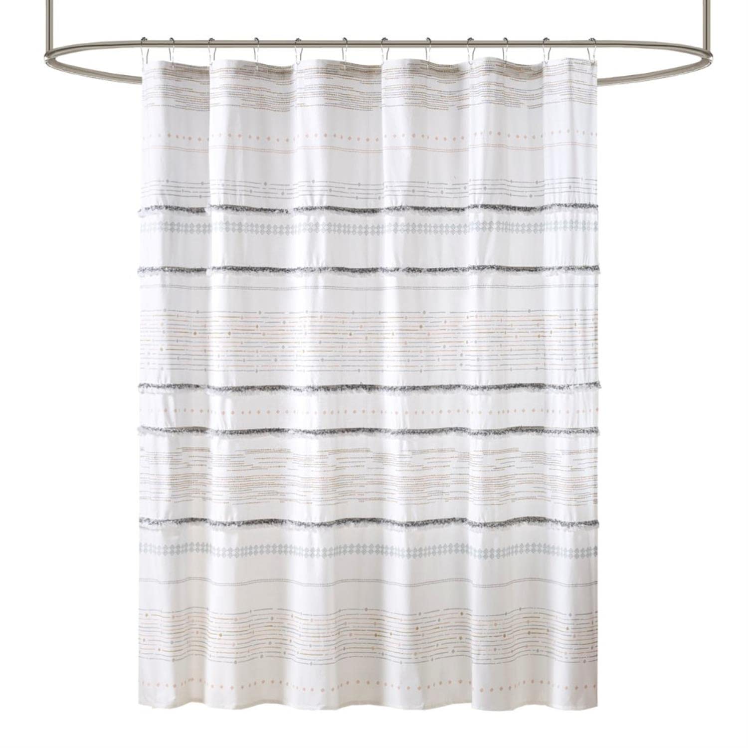 INK+IVY NEA 100% Cotton Shower Curtain Boho Tassels, Multi-Color Stripe Print Machine Washable, Modern Home Bathroom Décor Bathtub Privacy Screen, 72" x 72", Off White/Gray