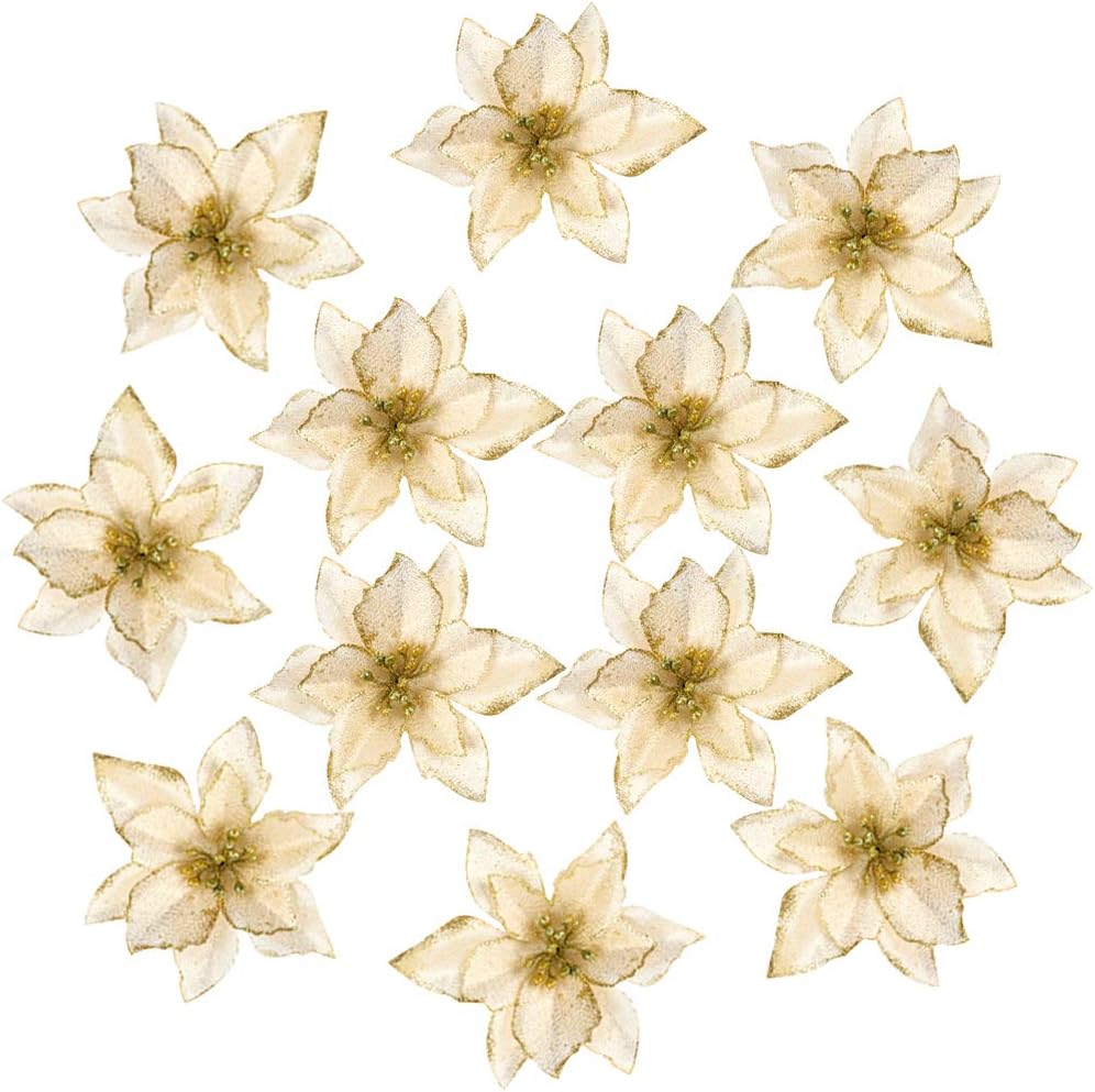 FUNARTY 30Pcs Poinsettia Christmas Tree Ornaments 5.1Inch Artificial Glitter Christmas Flowers for Christmas Wreath Tree Decorations (Gold)