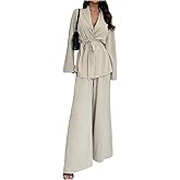 Verdusa Women's 2 Piece Textured Outfits Tie Waist Jacket with Wide Leg Pants Old Money Clothes