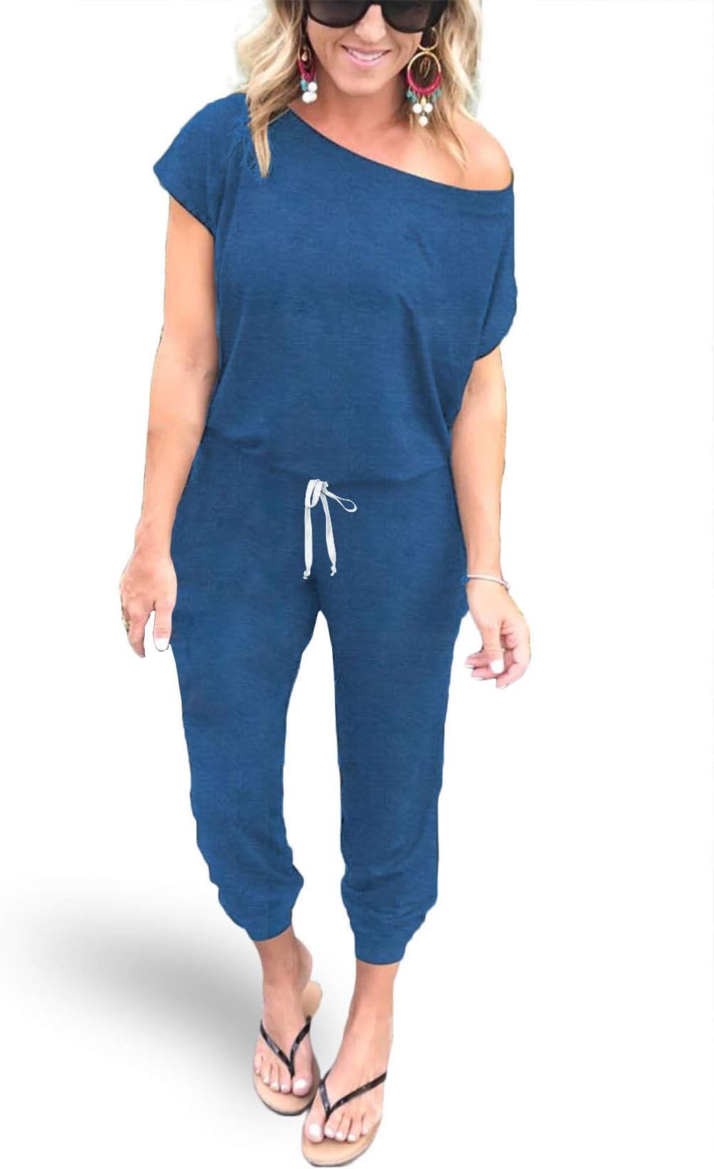 Alelly Women's Loose Fit Off Shoulder Elastic Waist Beam Foot Jumpsuit Rompers with Pockets