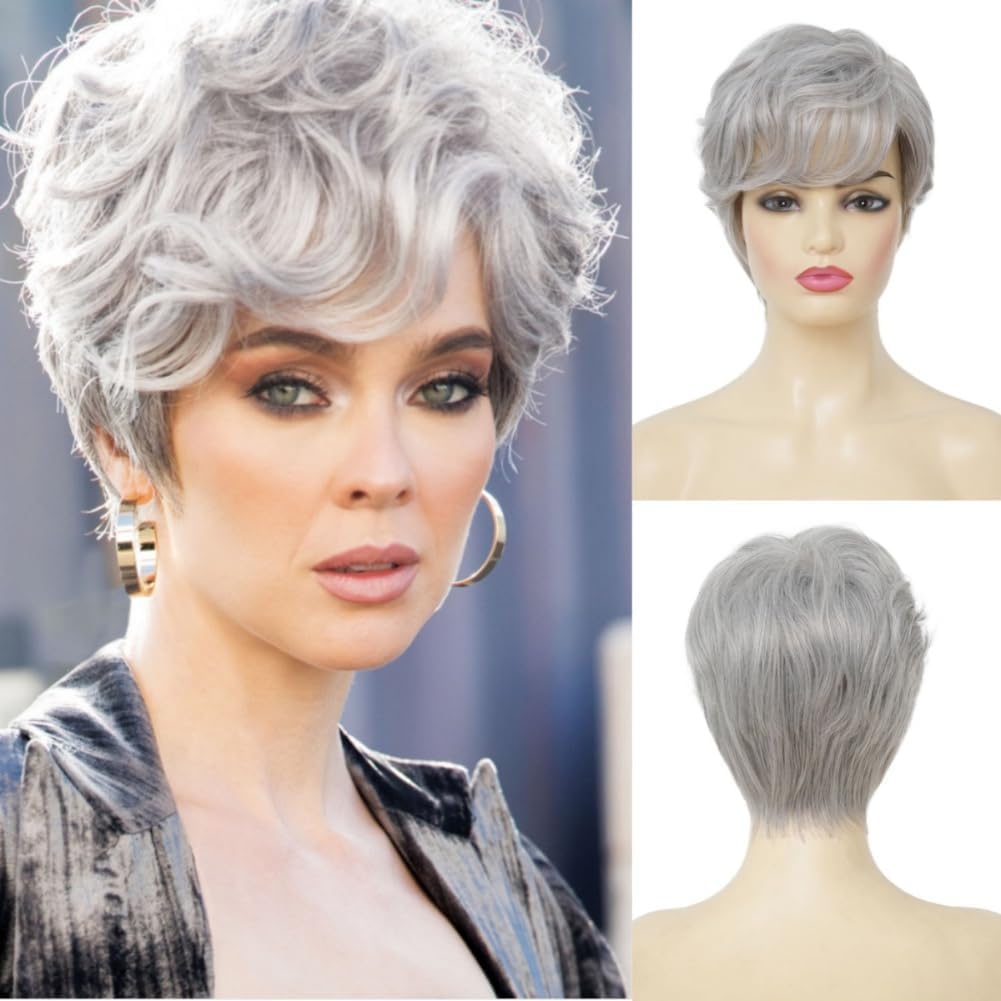Salaibs Grey Short Curly Wigs for Women with Bang Natural Looking Gray Synthetic Hair Wig for Daily Party Use — image 1