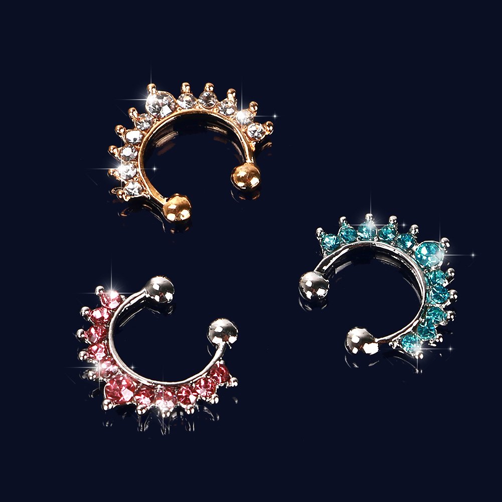 Septum Fake Nose Ring , 6PCS Women Crystal Faux Nose Rings Non-Piercing Jewelry Clip On Clicker Black/White/Gold/Rose Gold- Gift Choice (6PCS)