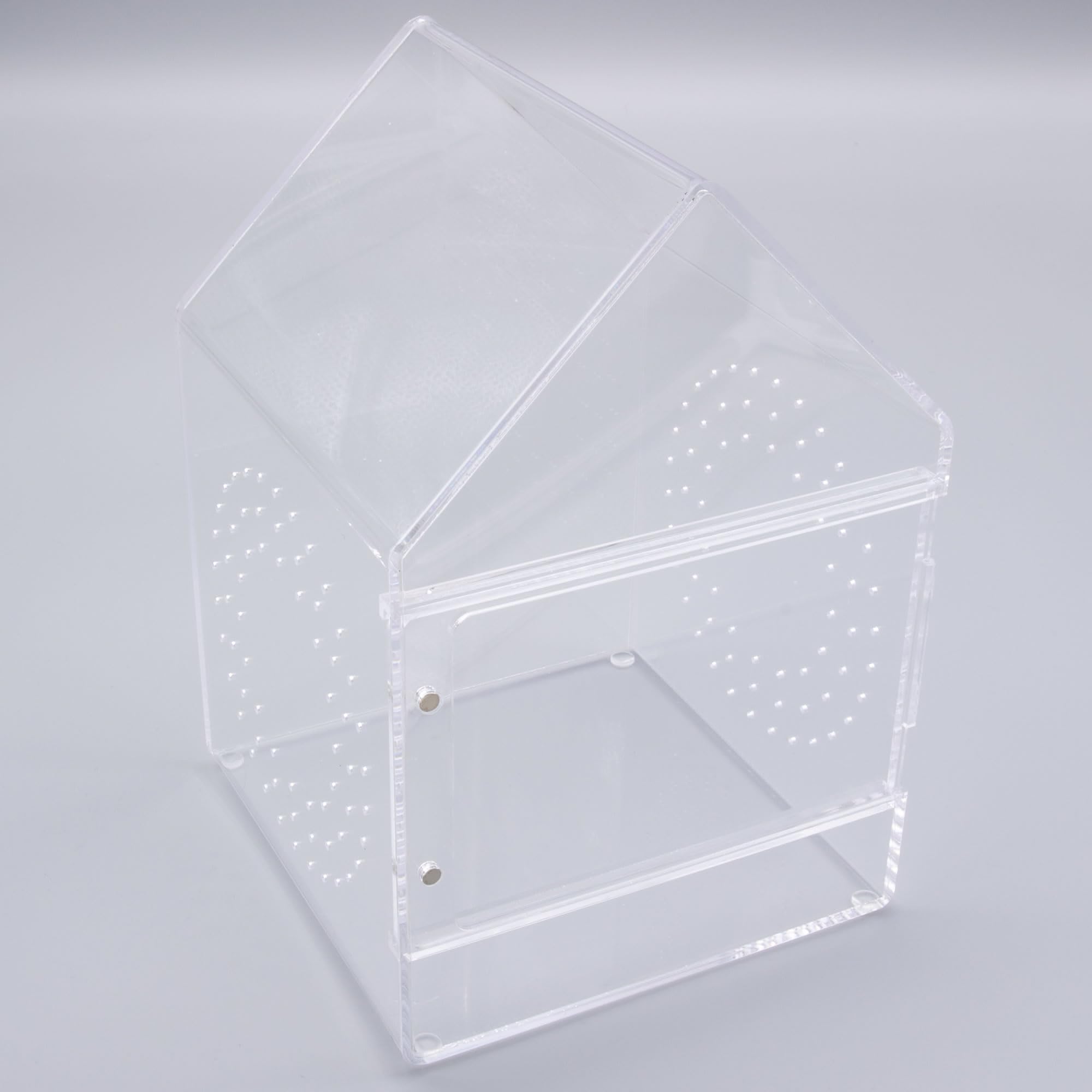 Jumping Spider Tarantula Acrylic Enclosure with Magnetic Sliding Door, House Shape. 15cm x 15cm x 22cm. Glued Securely - No Warping