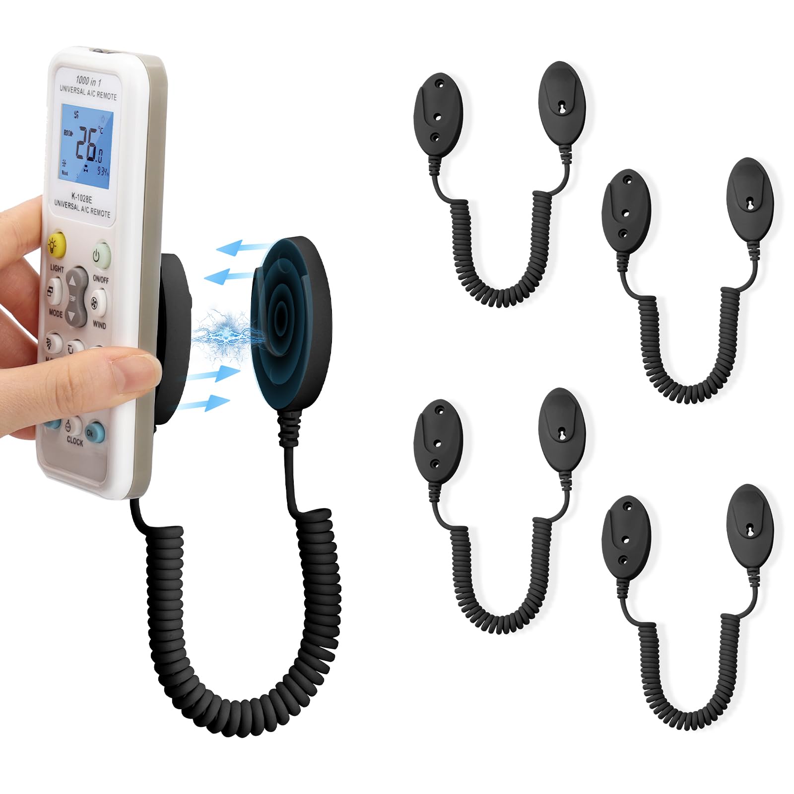 Photo 1 of 4-Pack Magnetic Remote Control Holders with Spring Ropes - Safely Secure Remotes & Small Items, Wall-Mount with Adhesive, Anti-Loss, Rapid Adsorption, Extendable Spring (Black 43 inch, 4 Pack)