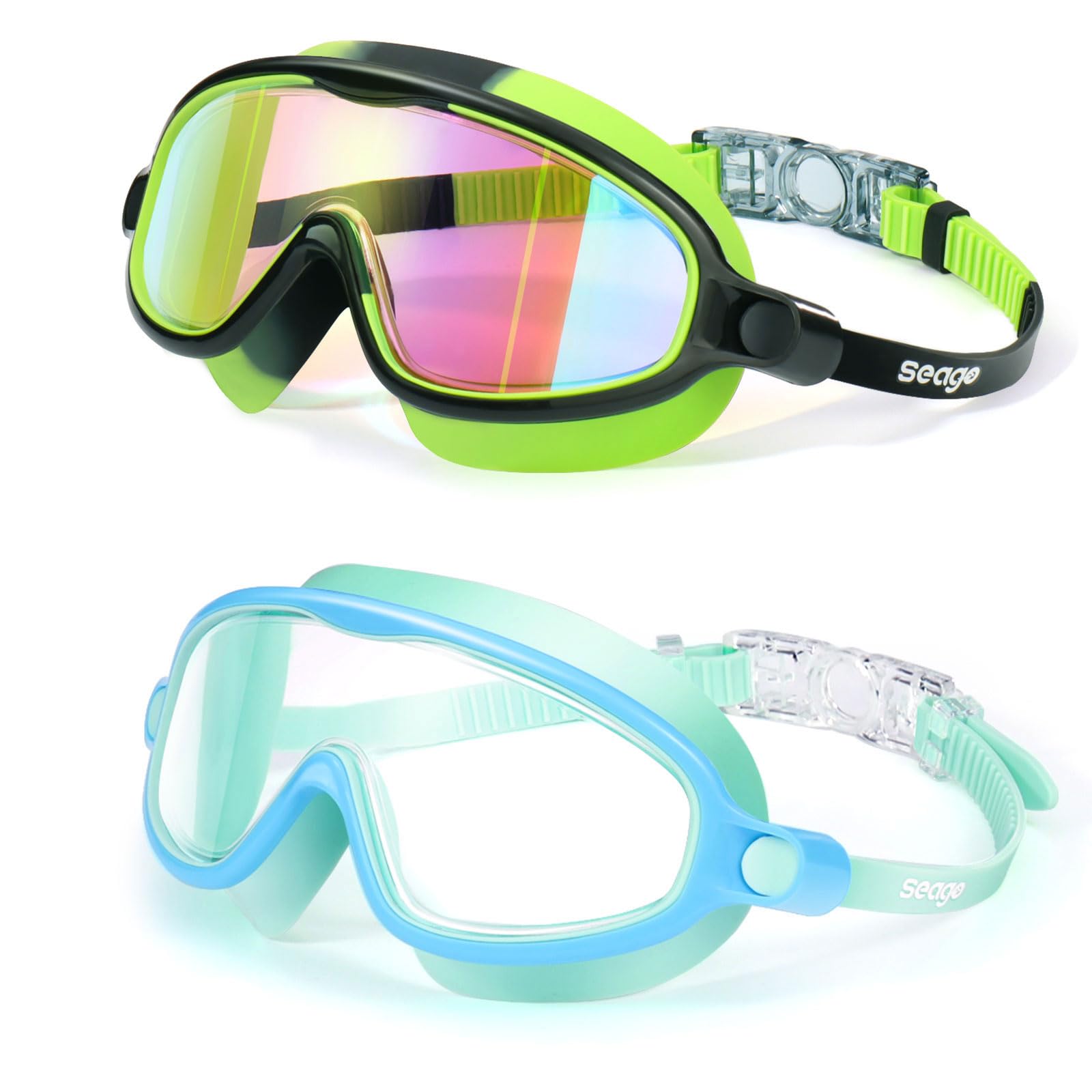 Seago Swim Goggles 2 Pack Anti-Fog Anti-UV Wide View Swimming Goggles for Kids 3-14