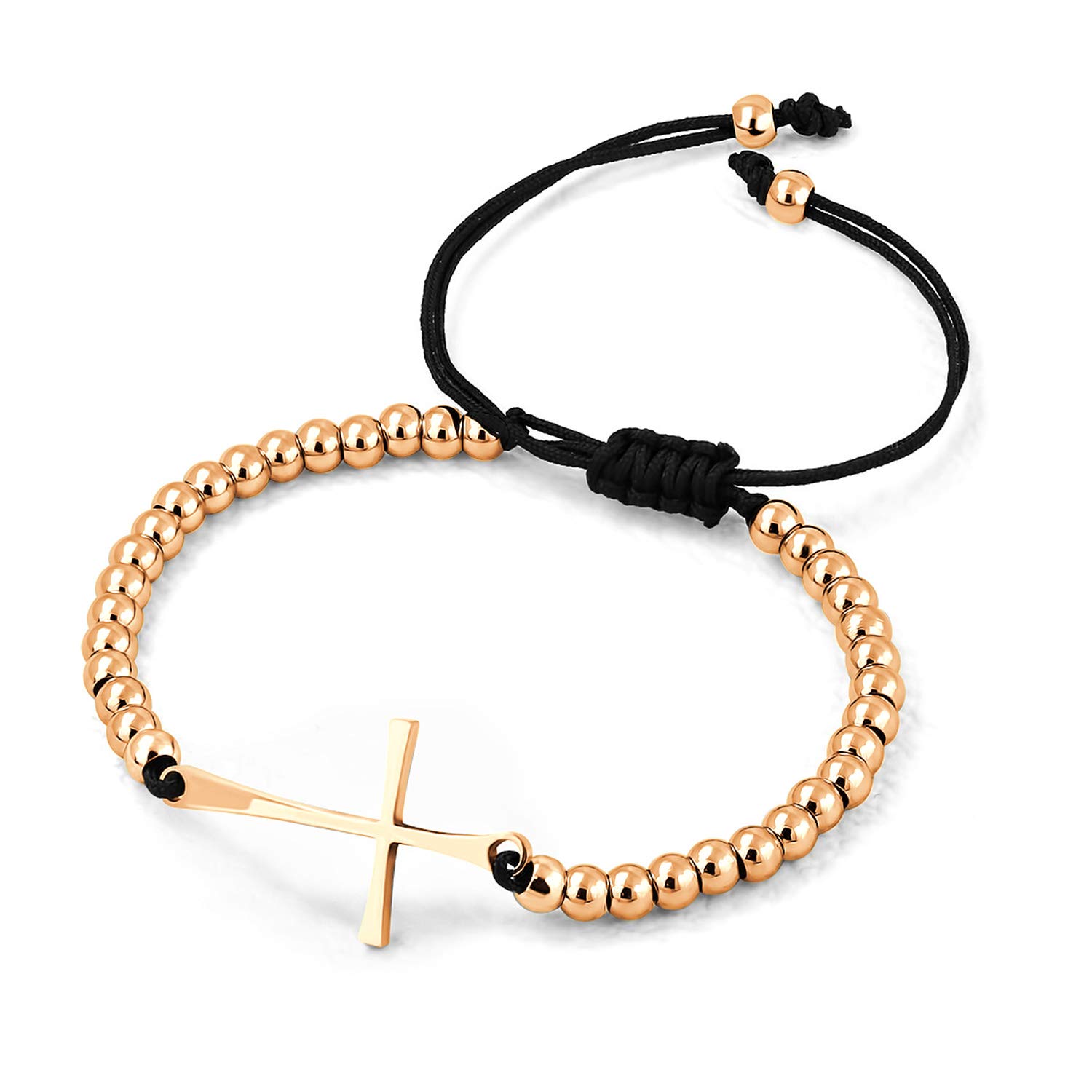 555Jewelry Stainless Steel Sideways Cross Bracelet for Women Adjustable String Bracelets Cross, Extendable Slide Cuff Bangle Beaded Bolo Bracelets for Women, Rose Gold