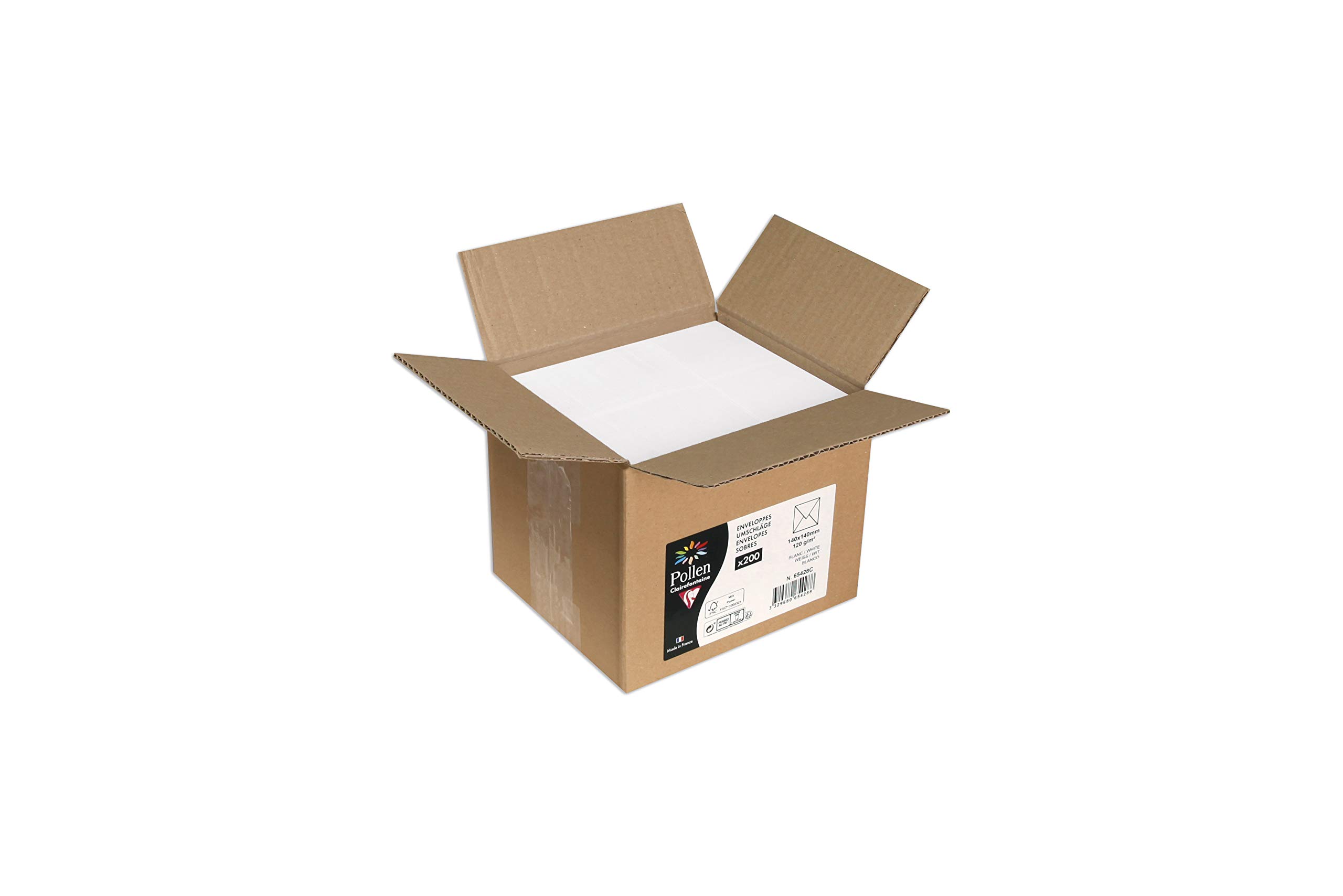 Clairefontaine - Ref 65428C - Pollen Bulk Packed Envelopes (Pack of 200) - 140 x 140mm Sized, 120gsm Paper, Inkjet & Laser Compatible, Acid Free, Self-Adhesive Backing - White