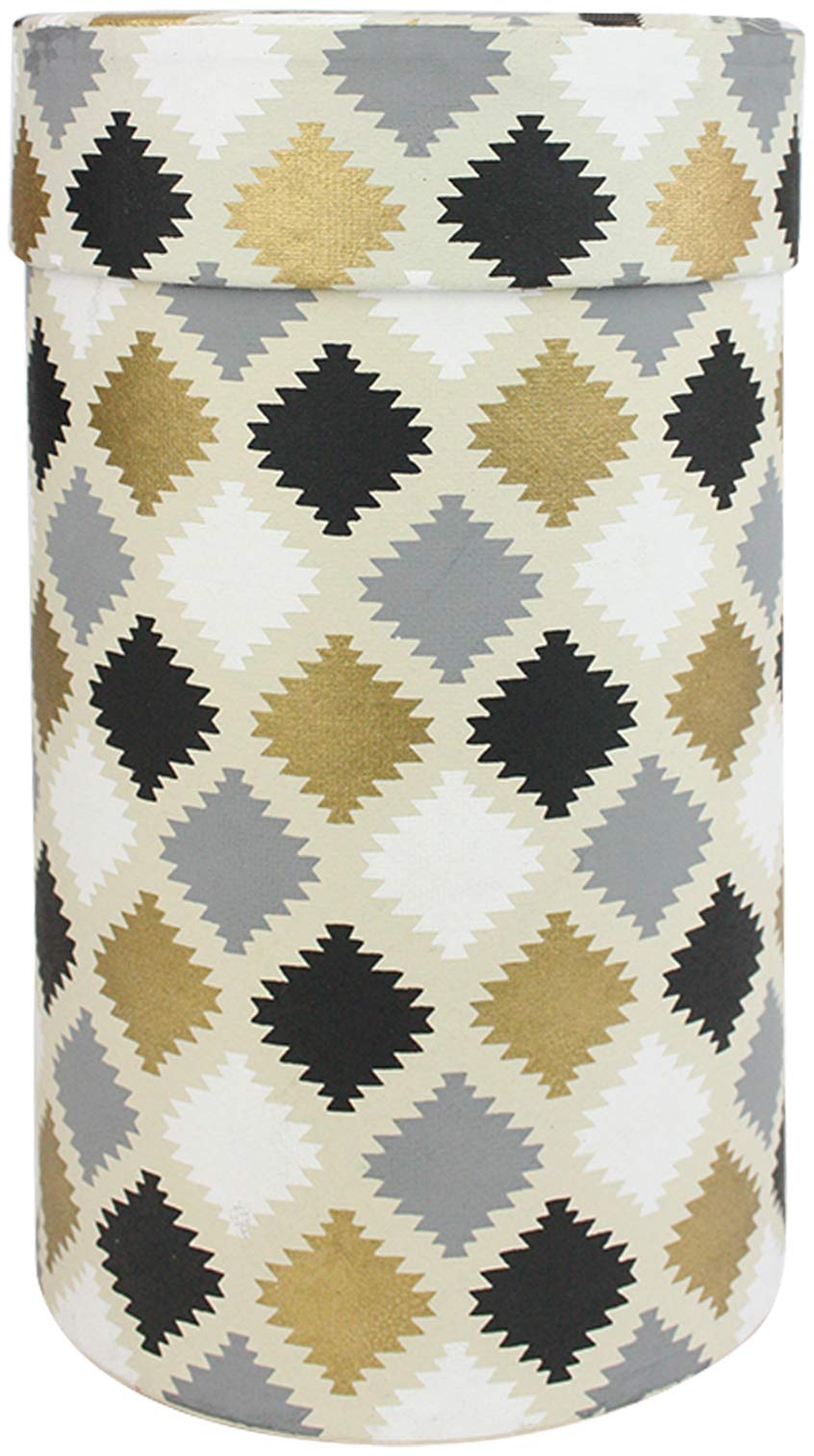 Emartbuy Rigid Luxury Round Shaped Presentation Handmade Cotton Paper Gift Box, Printed Black Gold White, Cream Interior