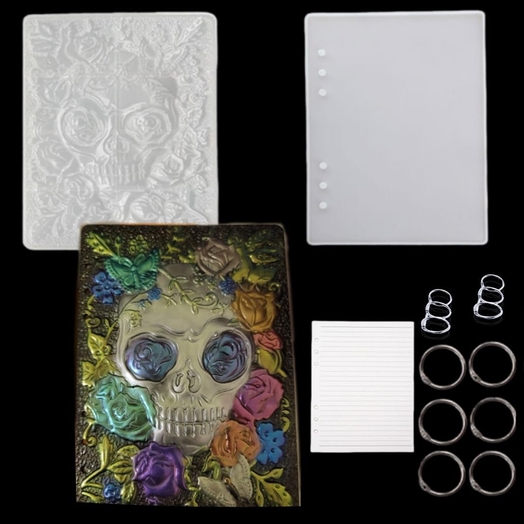 DIYBravo Resin Notebook Cover Mould Skull and Rose for A5, Horror Witchy Halloween Silicone Epoxy with 8 Book Rings Binder One Set Filler Paper DIY Crafts (Skull A5)