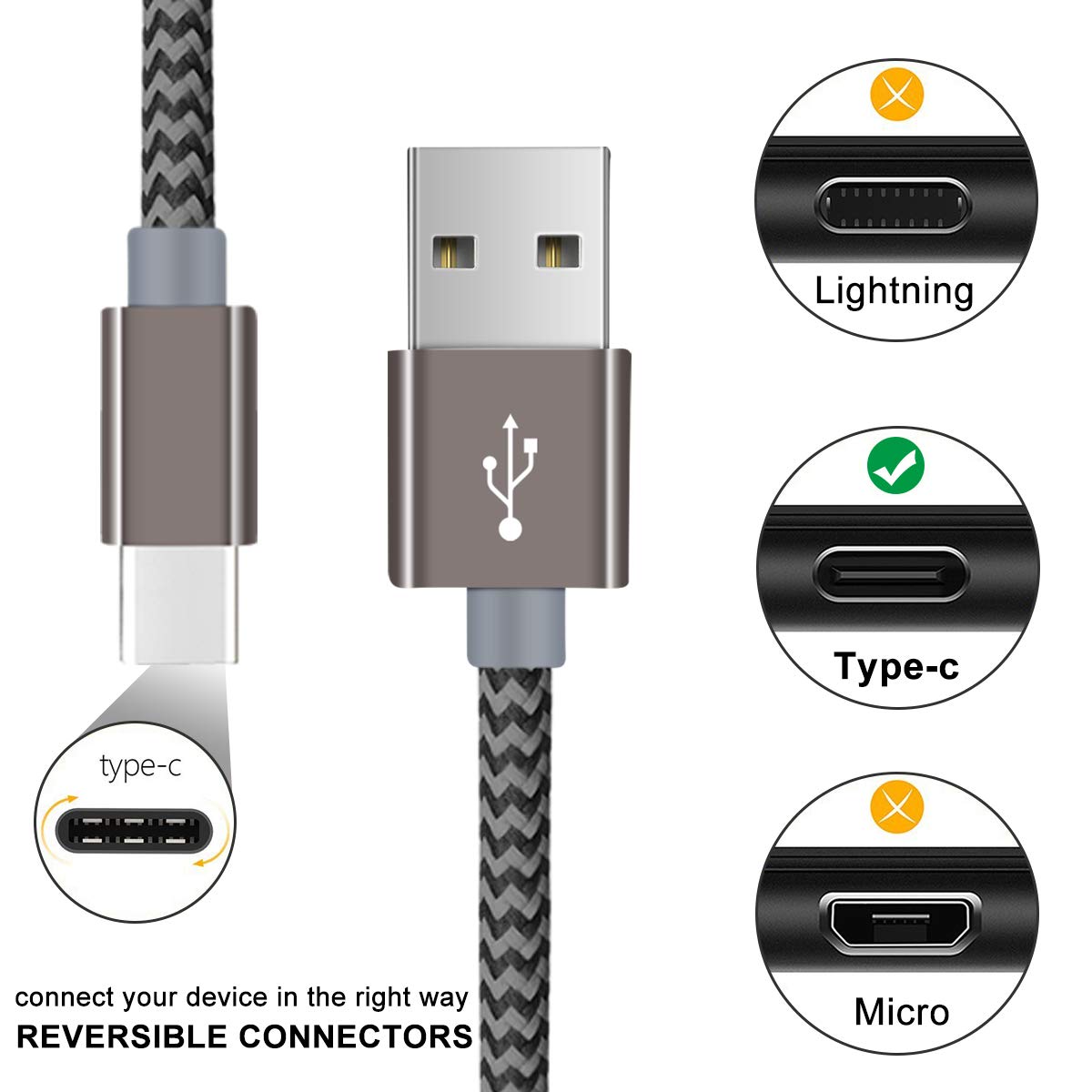 USB C Cable, OTISA [3Pack/6ft] Nylon Braided USB Type C Cable Fast Charging USB C Charger Compatible with Samsung Galaxy S8/S9/S10/S8+, Note 9/8, Sony Xperia XZ, Google Pixel - Gold, Grey
