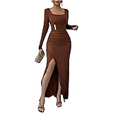 Floerns Women's Wedding Guest Dress Elegant Ruched Square Neck Long Sleeve Slit Bodycon Maxi Dresses