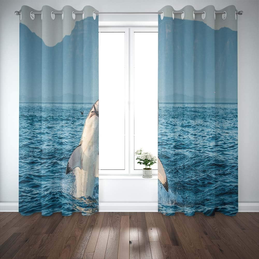 Shorping 52X84 Inch 3D Window Curtains, Privacy Window Curtain Great White Shark in Attack on Seal and Hunting of South Africa Carcharias Window Blackout Curtains for Bedroom,2 Pc