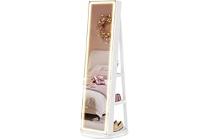 SONGMICS LED Jewelry Cabinet Standing, Lockable Armoire With Full-Length Mirror and Adjustable Lights, Space-Saving Organizer, Christmas Gifts for Women, Gift Idea, Cloud White UJJC008W01