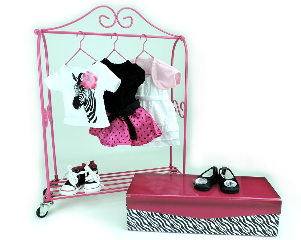 18 Inch Doll Furniture Rolling Rack, 3 Doll Hangers & Storage Box