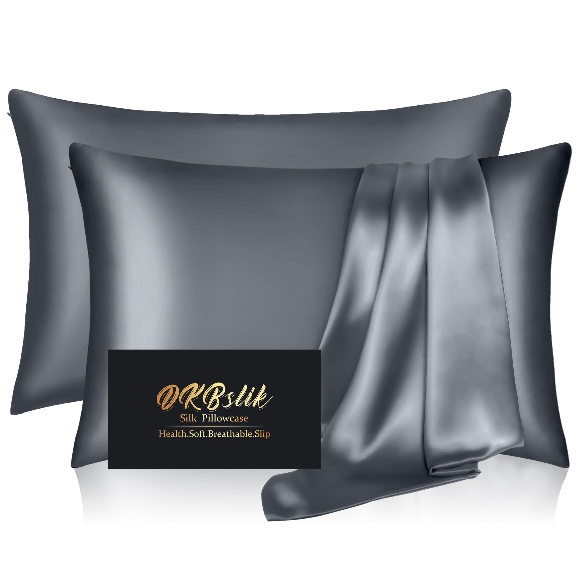 Silk Pillow Cases 2 Pack, Mulberry Silk Pillowcases Standard Set of 2, Smooth, Anti Acne, Both Sides Natural Silk Satin Pillow Cases for Sleeping Women 2 Pack with Zipper, Space Grey Image