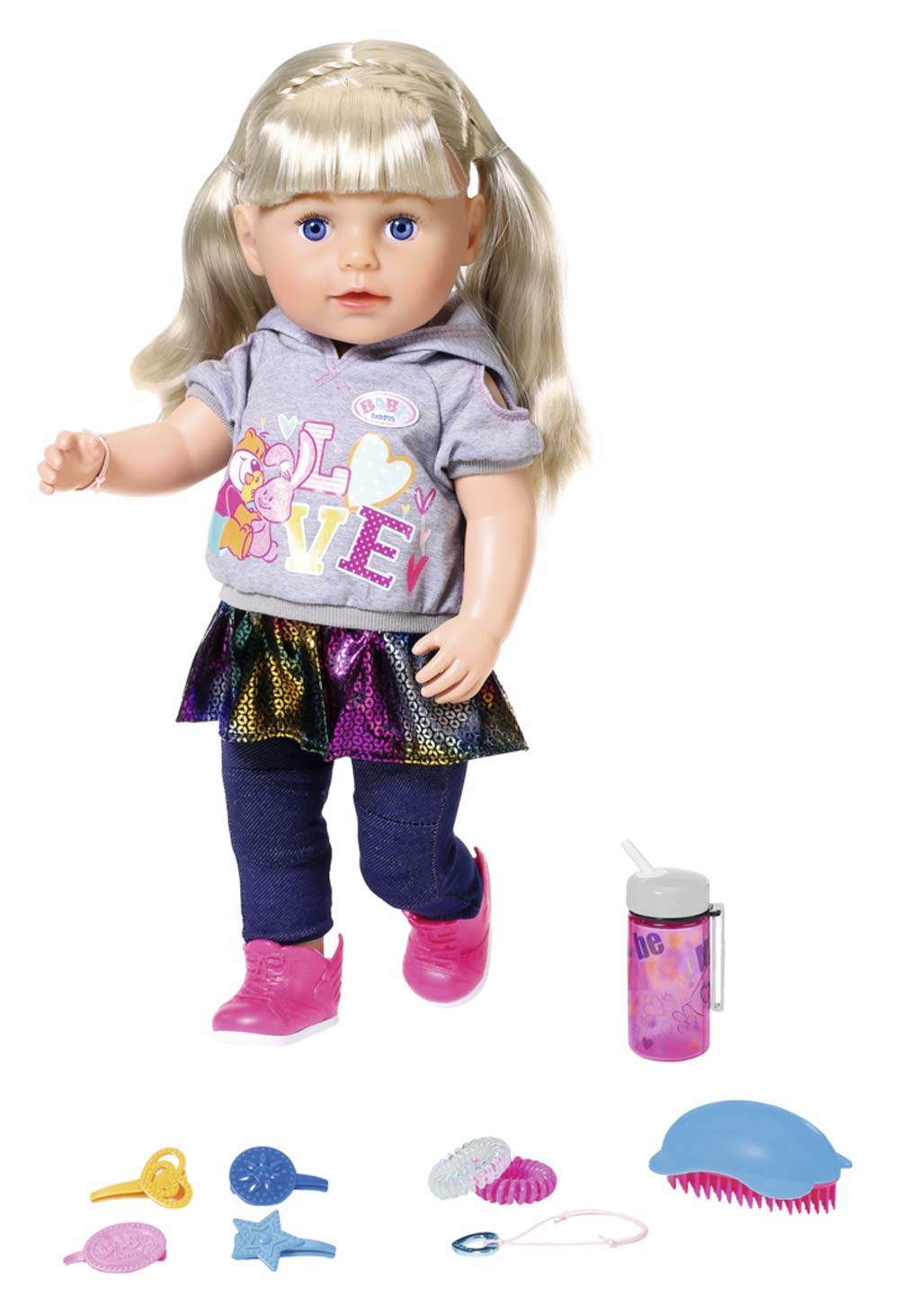 BABY born Soft Touch Sister Blonde Doll 43 cm - Easy for Small Hands, Creative Play Promotes Empathy and Social Skills, For Toddlers 4 Years and Up - Includes Grey Hooded Shirt, Skirt and More!