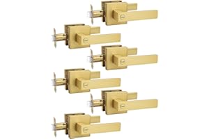 Tinewa 6 Pack Heavy Duty Gold Square Privacy Interior Door Levers, Satin Brass Finish, Bedroom and Bathroom Door Handles Keyless Bed/Bath Lockset