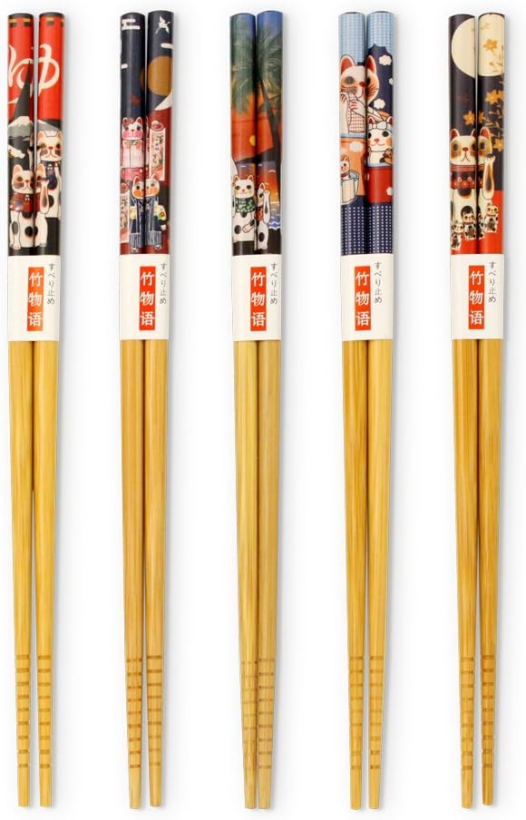 Chopsticks 5 Pairs Japanese Style Bamboo Chop Sticks Natural Reusable Classic Style Chopstick Gift Set with Box(Plutus Cat)