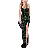 BerryGo Women's Sexy V Neck Bodycon Sequin Gown Evening Dress with Slit