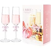 LAUDEE Champagne Glasses Set of 2, 8oz Elegant Crystal Stemmed Champagne Flutes with Pink Bow for Prosecco, Sparkling Wine, Mimosas, Cocktails, Weddings, Anniversaries, Parties