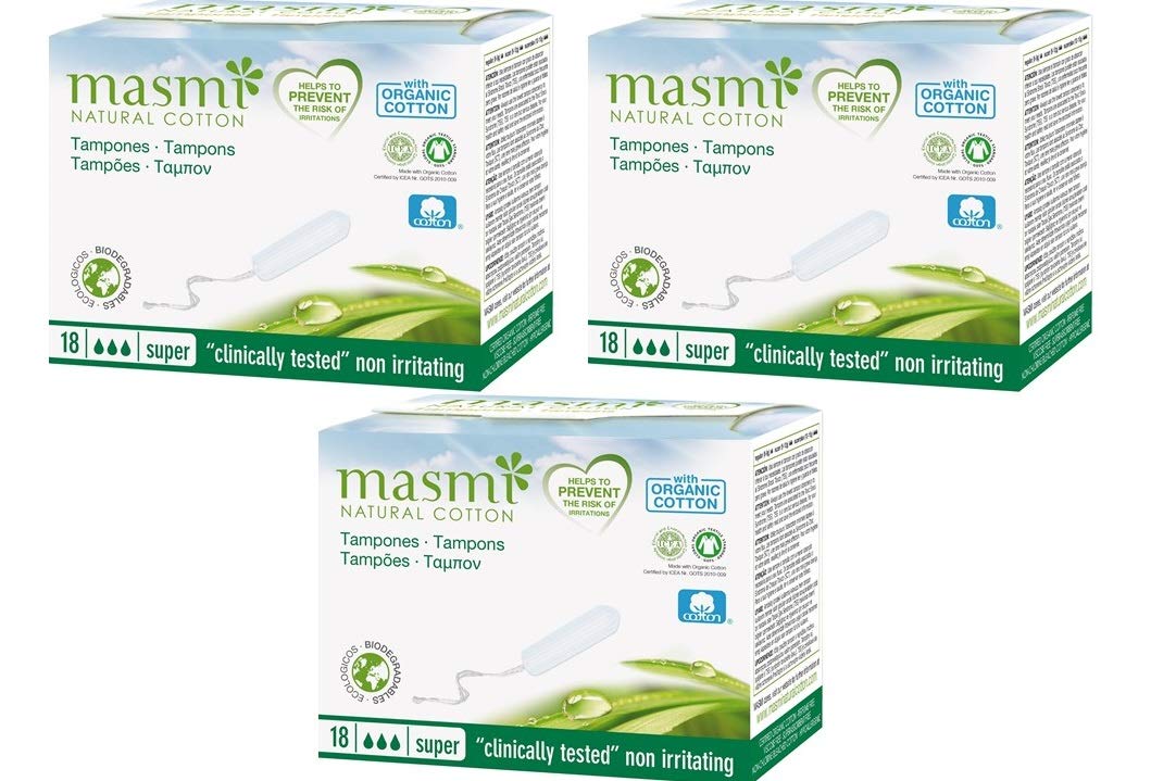 3 x 18 Masmi Super Tampons Organic Cotton Non Applicator, Plastic Free, 100% Biodegradable, Hypoallergenic, Perfume, Viscose, Rayon, Chlorine and Dioxin Free