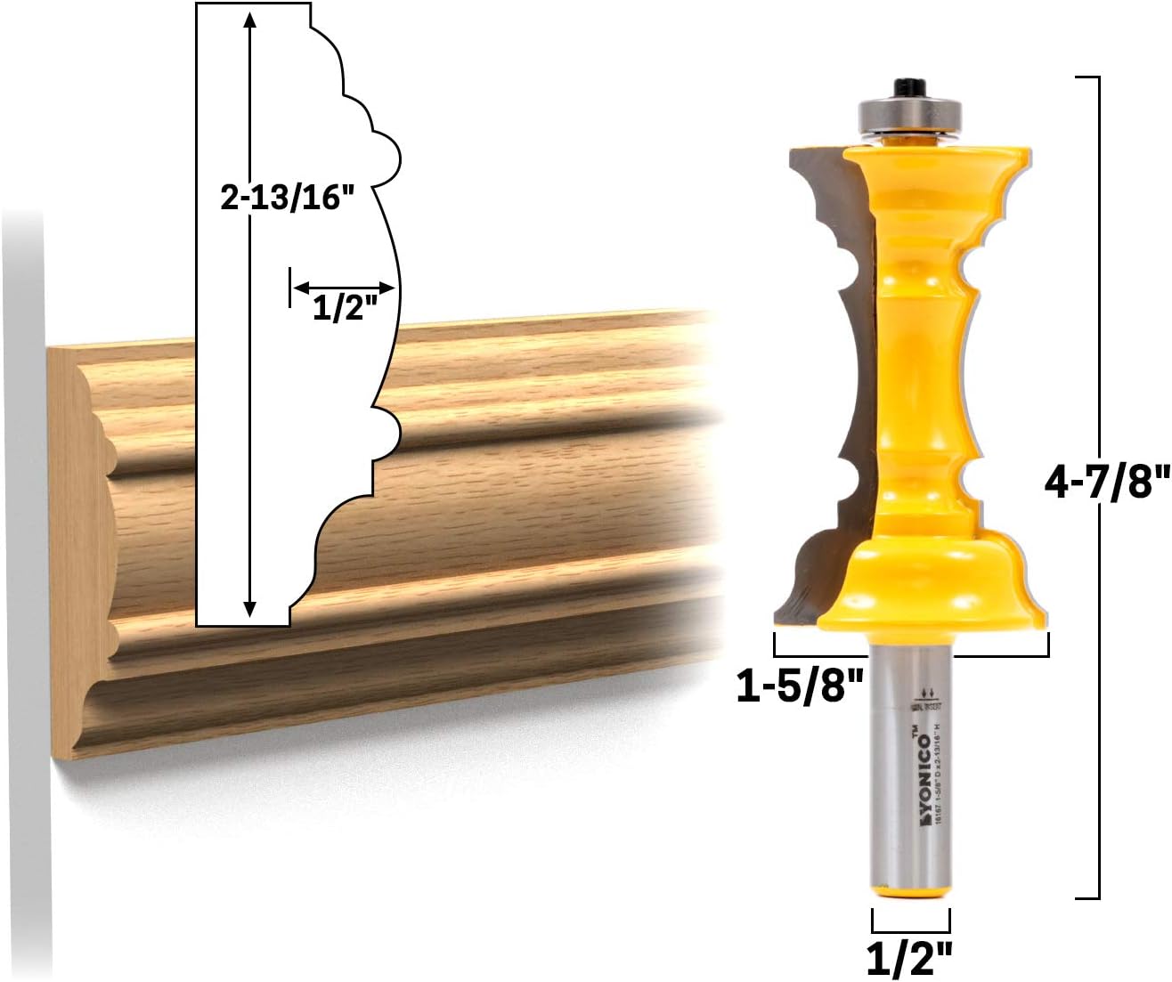 Yonico 16167 Elegant Chair Rail Molding Router Bit 1/2-Inch Shank, 1/2" x 2-13/16" - Image 3